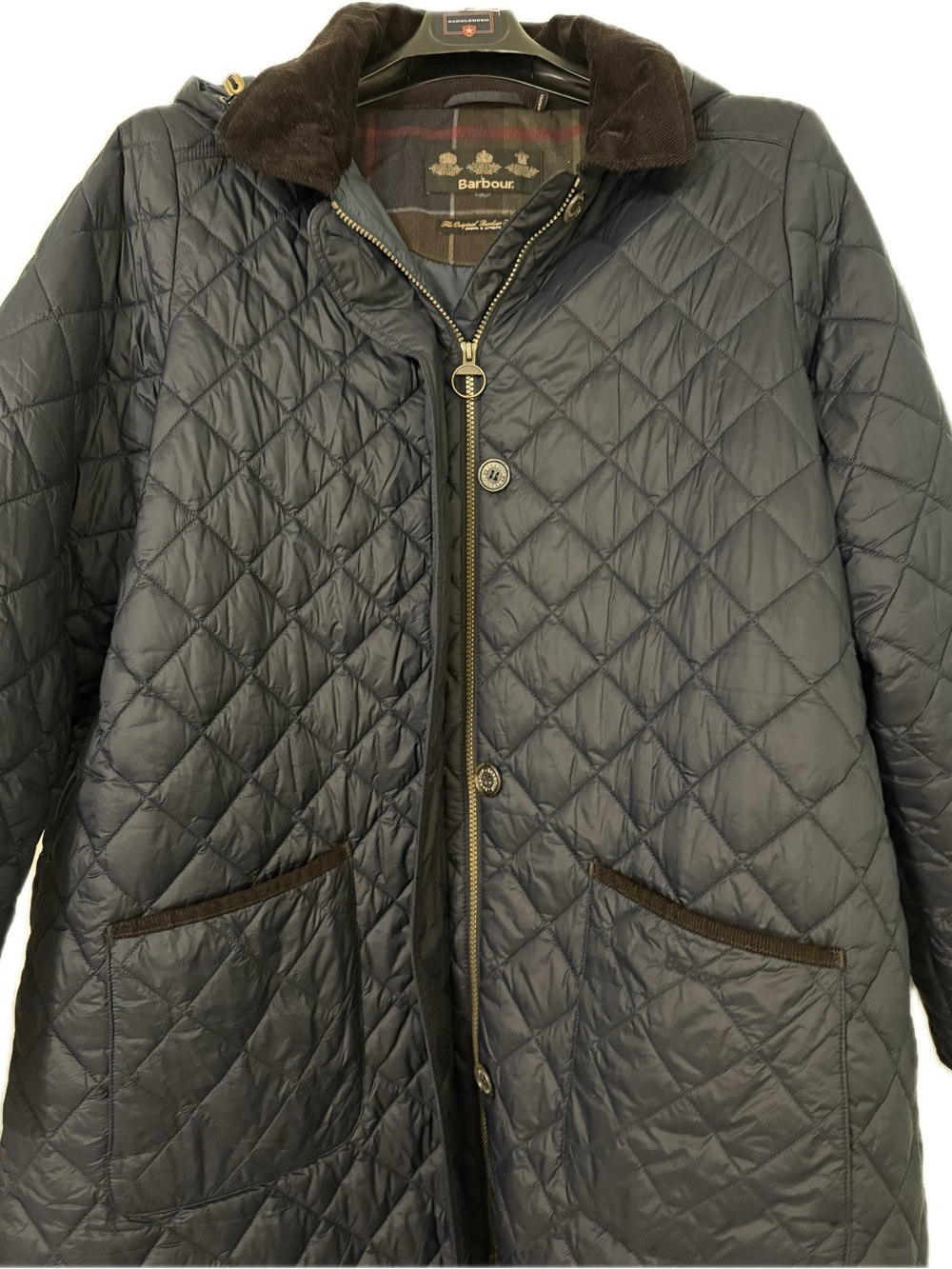 SOLD-Barbour Quilted Puffer Coat in Navy, Corduroy Trim Collar, Detachable Hood - Picture 5 of 7